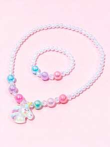 Set de 2 piezas de collar con colgante de unicornio y pulsera con cuentas, diseño lindo para niñas, adecuado para fiestas, regalos de cumpleaños y uso diario - Multicolor - Ver 7