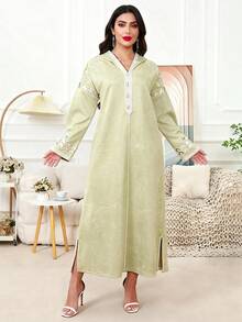 2026 New Style Ramadan Traditional Elegant Embroidered V-Neck Long Sleeve Dress For Women - Green - View 8
