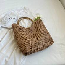 1pc Fashionable High-End Fresh Niche Versatile Woven Tote Bag, Large Capacity Beach Casual Shoulder Straw Bag - Brown - View 5