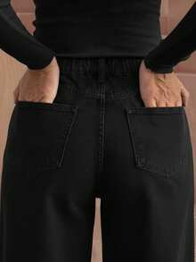 Jeans de pierna ancha para mujer talla grande, diseño de bolsillo lavado largo, sin estiramiento, adecuado para uso diario en primavera - Negro - Ver 7