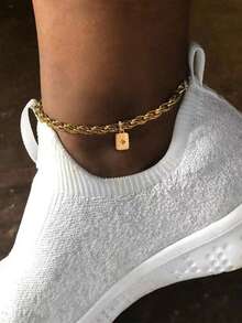 1pc Vintage Twisted Golden Rope Chain Rectangular Cubic Zirconia Pendant Anklet - Yellow Gold - View 1