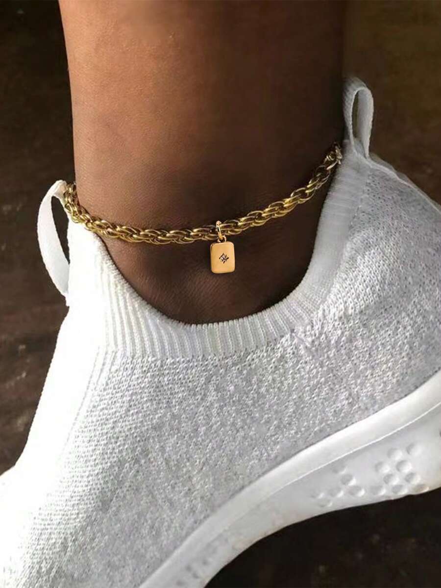 1pc Vintage Twisted Golden Rope Chain Rectangular Cubic Zirconia Pendant Anklet - Yellow Gold - View 1