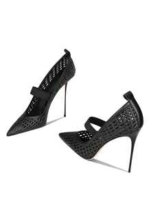 Giày cao gót lưới khoét rỗng kiểu Âu & Mỹ, hàng mới về, màu vàng nhạt quyến rũ, mũi nhọn đa năng, phù hợp với váy đầm. - màu đen - Xem 2