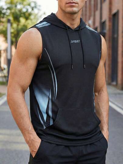 男士无袖连帽背心，健身房户外运动带口袋连帽背心