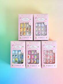 120pcs Square Cartoon Pattern Soft Gel Nail Stickers, Minimalist Style, Suitable For Girls And Kids, Super Cute DIY Fake Nails - Multicolor - View 6