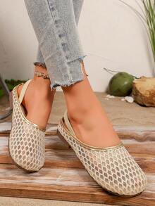 1 Pair Girls' Mesh Embroidered Heart & Diamond Pattern Flat Hollow Slip-On Shoes, Cute Princess Style, Fashion, Soft & Lightweight, Round Toe, Hook And Loop Closure, Matching Mom & Daughter, Suitable For 2-14 Years Old Girls, All Seasons, Party, Holiday - 玫瑰金 - 查看 6