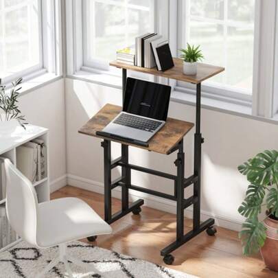 Height-Adjustable Desk, Kitchen Table With Shelf, Casters, Rustic Brown Computer Desk, 60 X 60 X 70.5-120 Cm