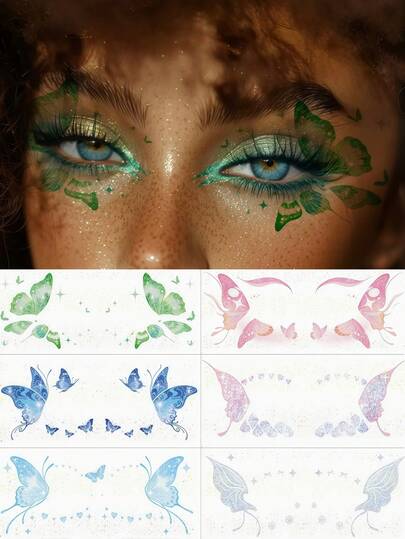 6pcs Glitter Butterfly Temporary Tattoos, Waterproof Fairy Face Tattoos, Colorful Shiny Makeup Accessories For Valentine's Day, Festivals, Parties, Dates, Cosplay