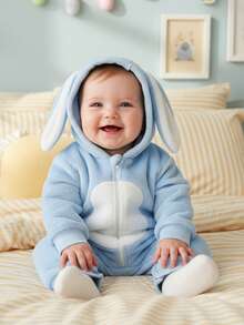 Infant Girl Boy Easter Rompers Long Sleeve Hooded Spring Full Zipper Fleece Rabbit Jumpsuit - Blue - View 8