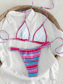 PEPPERMOLLY 两件套性感时尚比基尼套装，条纹印花，完美适用于夏季海滩、泳池派对和豪华海滩度假。大胆时尚的2026必备炫目沙滩装系列，女士泳装，比基尼。 - 彩色 - 查看 4