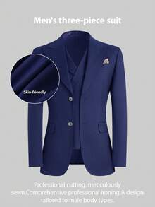 2026 Trending Men's 3-Piece Suit Set - Peak Lapel Blazer, Vest & Dress Pants | Classic Solid Formal Wear For Wedding Guest, Business & Prom (Easy-Care Poly-Viscose Blend) - 藍色 - 查看 2