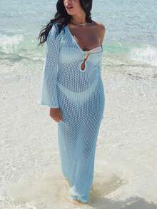 Crochet Deep V-Neck Women's Fashion Elegant Sexy Minimalist Solid Color Casual Knit Dress, Suitable For Beach, Music Festival, Wedding Season, Vacation Summer - Light Blue - View 7