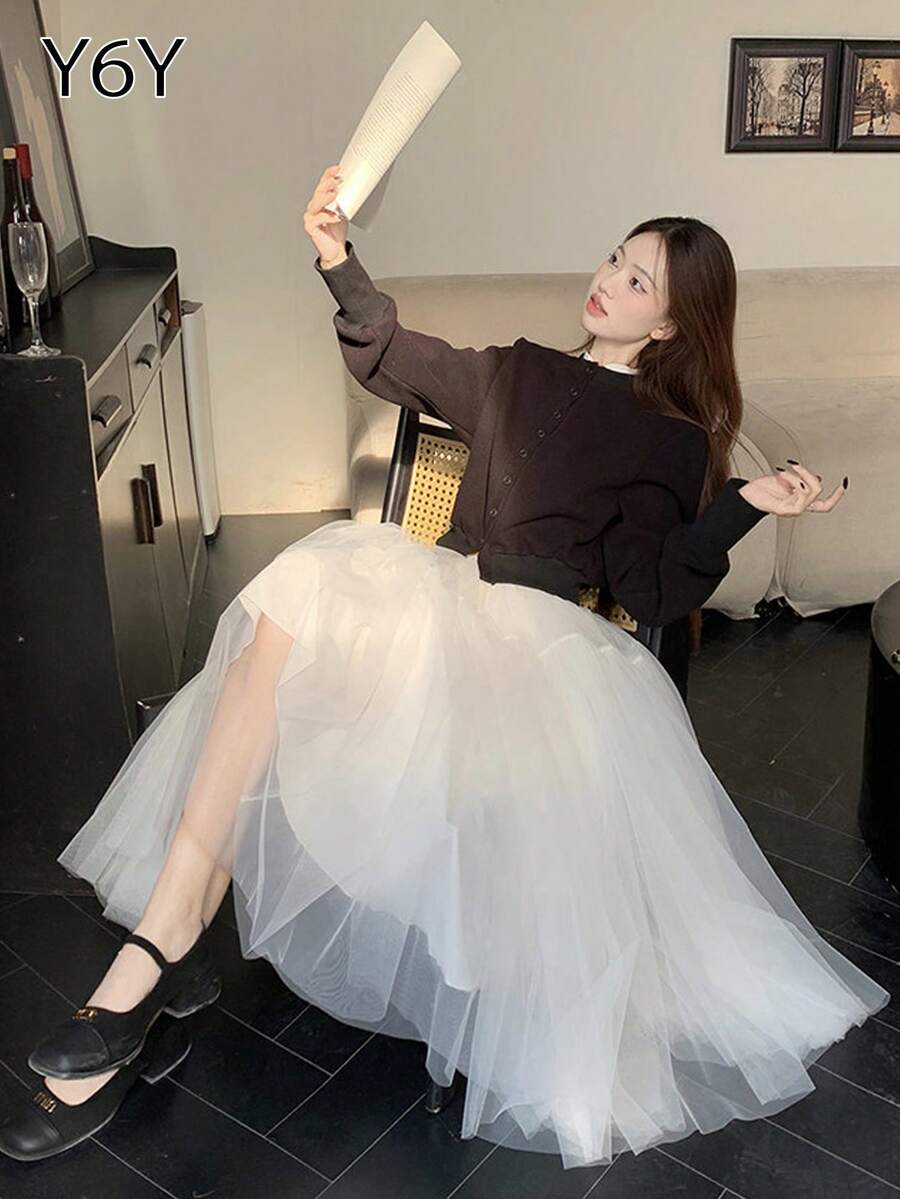 [Y6Y] Elegant Casual Women's A-Line Mid-Length Tulle Flared Skirt, Suitable For Spring/Summer Ethereal Goddess Outfit