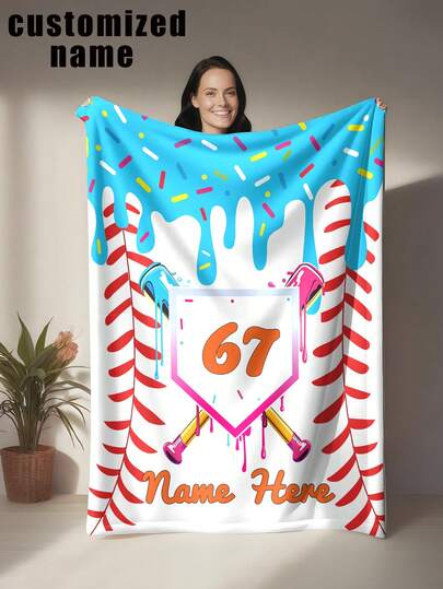 1 pieza Manta con tema de béisbol personalizable, con nombre, apodo, número de la suerte, etc. con gráficos de béisbol y helado, elementos de chispas, fondo de textura de gofre, colores vibrantes, lavable a máquina, tela de poliéster, para uso en todas las estaciones y climas, manta multiusos de impresión digital moderna para sofá, cama, coche, sala de té, dormitorio, baño, sala de estar, comedor, oficina, etc.