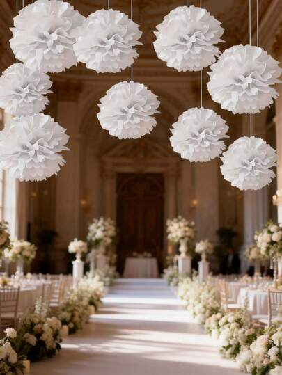 20pcs White Paper Flower Poms, Wedding Party Decor Flower Balls Hanging Decoration, Bridal, Birthday Party Background Decoration Pompoms, Hanging Flower Ball Paper Fan Lantern, Suitable For Holidays, Anniversaries, Wedding, Valentine's Day Decorations