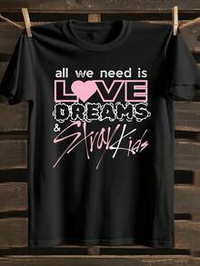 Novelty Adult Cotton Short-Sleeve T-Shirt With LOVE, Dreams & SKZ - Breathable Loose Fit Casual Summer Tee For Outdoor Activities - màu đen - Xem 6