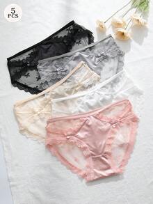 5条装女士透气蕾丝蝴蝶结装饰三角裤，如黄油般柔软弹力，无缝日常内裤，尺码S-XL - 彩色 - 查看 1