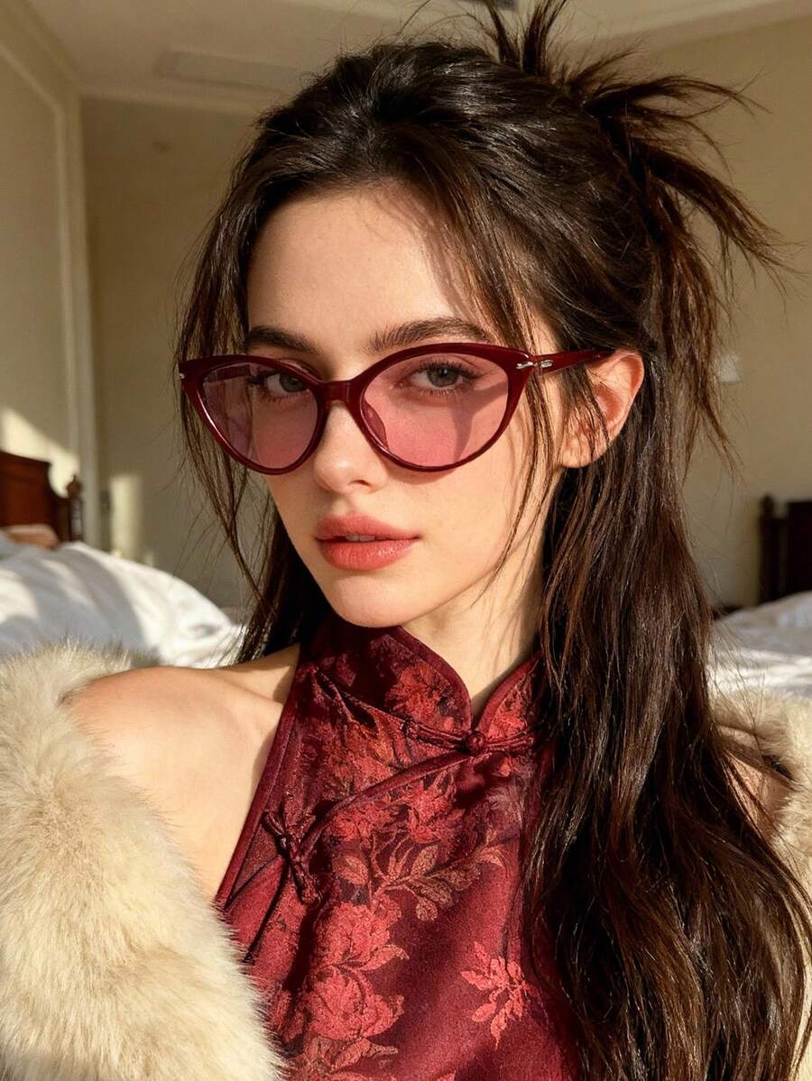1 pieza Gafas de mujer clásicas y versátiles con montura redonda pequeña y estilo retro, de moda para la calle - Marco y borde de color rojo vino - Ver 1