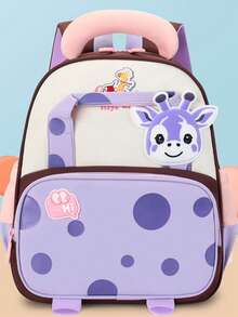 1pc Polka Dot & Giraffe Decor Cartoon Backpack, Zipper Closure, Cute Style, Suitable For School, Travel, All Seasons - Multicolor - View 2