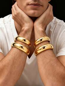 Men's Minimalist Smooth Fashion Round Personalized Bracelet Set (Excluding Gift Box) - Yellow Gold - View 6