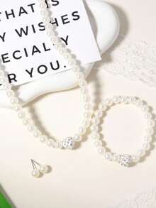 4pcs Elegant Versatile Faux Pearl Necklace, Bracelet, Earrings Set, Alloy Jewelry Suit For Daily, Travel, Party - one-size - View 4