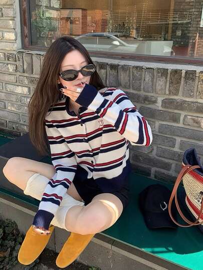 复古撞色条纹宽松短款开衫，修身长袖针织毛衣（女士款）