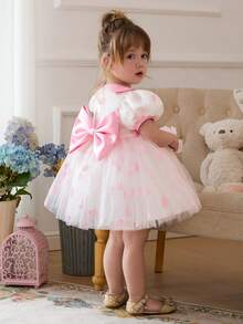 Baby Girls' Pink Round Neck Puff Sleeve Bow Tulle Elegant Princess Dress, Cute Party Dress Suitable For Girls' Birthday, Valentine's Day, Wedding, Banquet, Holiday Celebration - Pink - View 4