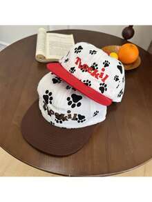 Gorra de béisbol coreana con huellas de perrito y bicolor, suave, visera plana, bordado de letras, mujer, protección solar, adelgaza la cara - Rojo - Ver 2