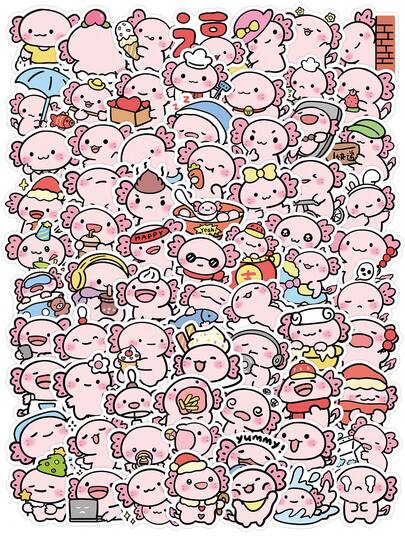 55/102 PCS Axolotl Stickers, Kawaii Pink Salamander Cute Pose & Emotion Decals, Massive Collection For Journal, Phone Case, Adorable Animal Gift Set