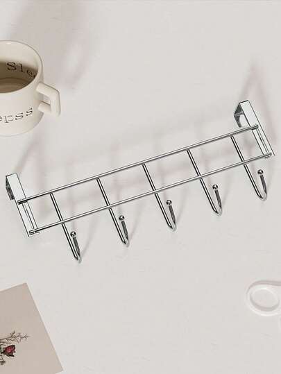 5-Hook Over The Door Storage Rack, Stainless Steel No Drill Invisible Creative Door Hanging Hooks For Cabinet, Kitchen, Coat