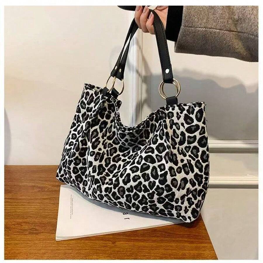New Fashion Large Capacity Leopard Print Casual Shoulder Tote Bag, Suitable For School, Classes