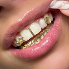 1 Set 5-Pointed Star Combo Zirconia Stone & Asymmetrical Thin Slice Teardrop Shaped Hip Hop Tooth Jewelry Set, Unisex, Gift For Valentine's Day, Party, Everyday Wear - Multicolor - View 1