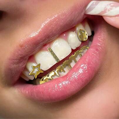 1 Set 5-Pointed Star Combo Zirconia Stone & Asymmetrical Thin Slice Teardrop Shaped Hip Hop Tooth Jewelry Set, Unisex, Gift For Valentine's Day, Party, Everyday Wear