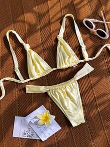 Bikinx 女士纯色三角杯系带比基尼套装，采用闪亮弹力面料制成 - 非常适合夏季海滩度假 - 黃色 - 查看 2