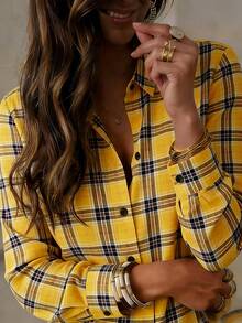 Women's Fashionable Yellow Plaid Polyester Long Sleeve Button-Down Casual Blouse - Yellow - View 7
