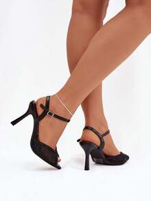 Sandálias femininas elegantes para a noite, com salto agulha fino, detalhes brilhantes e aplicações em tela. Cor: Peloria, douradas e pretas. - Preto - Ver 4