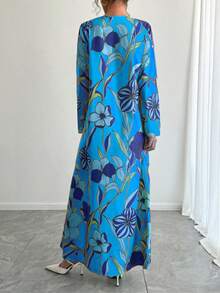 1pc Women's V-Neck Long Sleeve Casual Everyday Dress, Elegant Ditsy Floral Dress, New Arabic Style Dress, Beautiful Dress Suitable For Parties, Galas, Holidays, Ramadan, Great Gift For Mom And Daughter - Blue - View 2