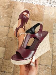 Giày sandal đế xuồng màu đỏ tía thời trang nữ, sandal mũi tròn đế rơm buộc dây hở gót mới cho mùa xuân/hè, giày nữ cỡ lớn thoải mái ngoài trời, sandal cao gót thoải mái kiểu bohemian có khóa cài cho kỳ nghỉ. - Màu Đỏ Sâu - Xem 2