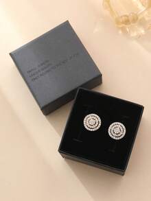 1对简约立方氧化锆圆形耳环礼盒套装，全钻设计，男女皆宜，情侣款，节日生日礼物，日常佩戴 - 圓 - 查看 2