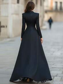 Women's Dress Heavy Industry Elegant Temperament Fresh Long Sleeve Right Angle Shoulder Button Lapel Deep V-Neck Suit Jacket Lace Embroidery Slit Sexy Dress - màu đen - Xem 5