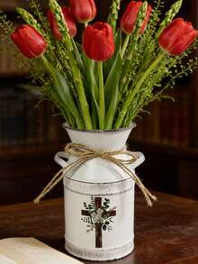 Distressed White Flower Vase. Suitable For Pink Peony & Silver Leaf Bouquet, Paired With An Open Notebook On A Lace Tablecloth, Accented With Flower Petals To Create A Gentle And Elegant Literary Atmosphere. - White - View 9