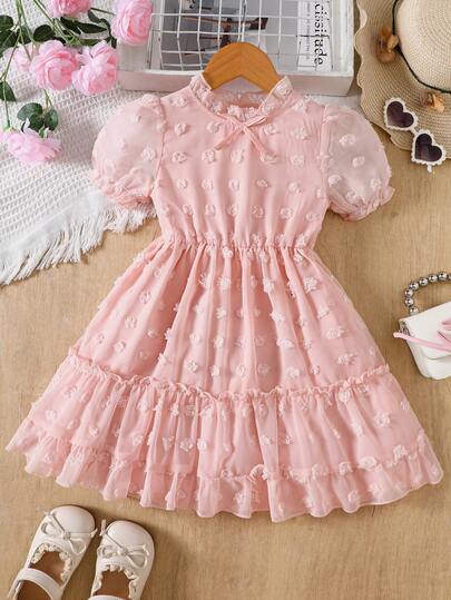 Young Girls' Jacquard Floral Pom Pom Trim Stand Collar Puff Sleeve Casual Dress, Spring/Summer