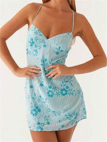 Get Ready To Turn Heads With Our Retro V-Neck Halter Dress In 5 Stunning Colors - Màu xanh lam - Xem 1