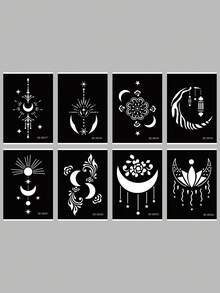Juego de 8 plantillas de tatuajes temporales con patrones de estrellas, lunas y flores - Textura hueca delicada, reutilizables, aptos para tatuajes personalizados DIY, fiestas y decoración corporal diaria, fáciles de crear efectos de tatuaje únicos y exquisitos - Negro - Ver 10