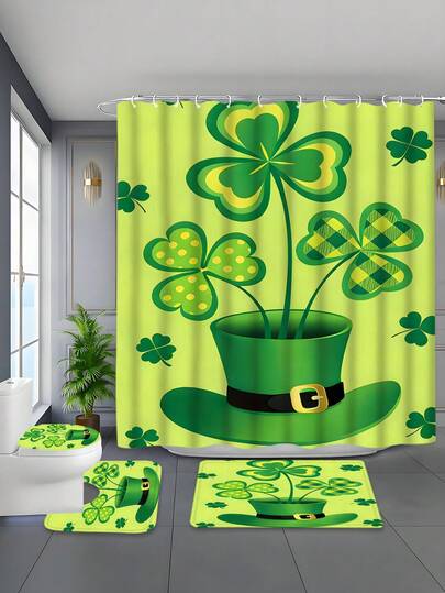 1pc/4pcs Set Lucky Clover Green Plant Pattern Bathroom Shower Curtain Set, Includes 12 Hooks, Non-Slip Bath Mat, U-Shaped Mat & Round Toilet Seat Cover - Full Bathroom Set, St. Patrick's Day Home Decor