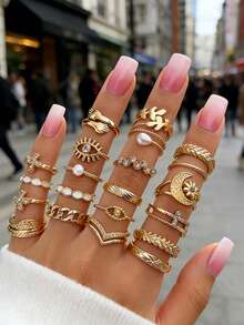 23pcs Adjustable Women Rings Set - Stackable Gold Rhinestone Devil Eye/Pearl/Moon/Cross Variety Fashion Finger Rings, Suitable For Daily And Party Outfits - 23 Pearl Eyepieces - View 1