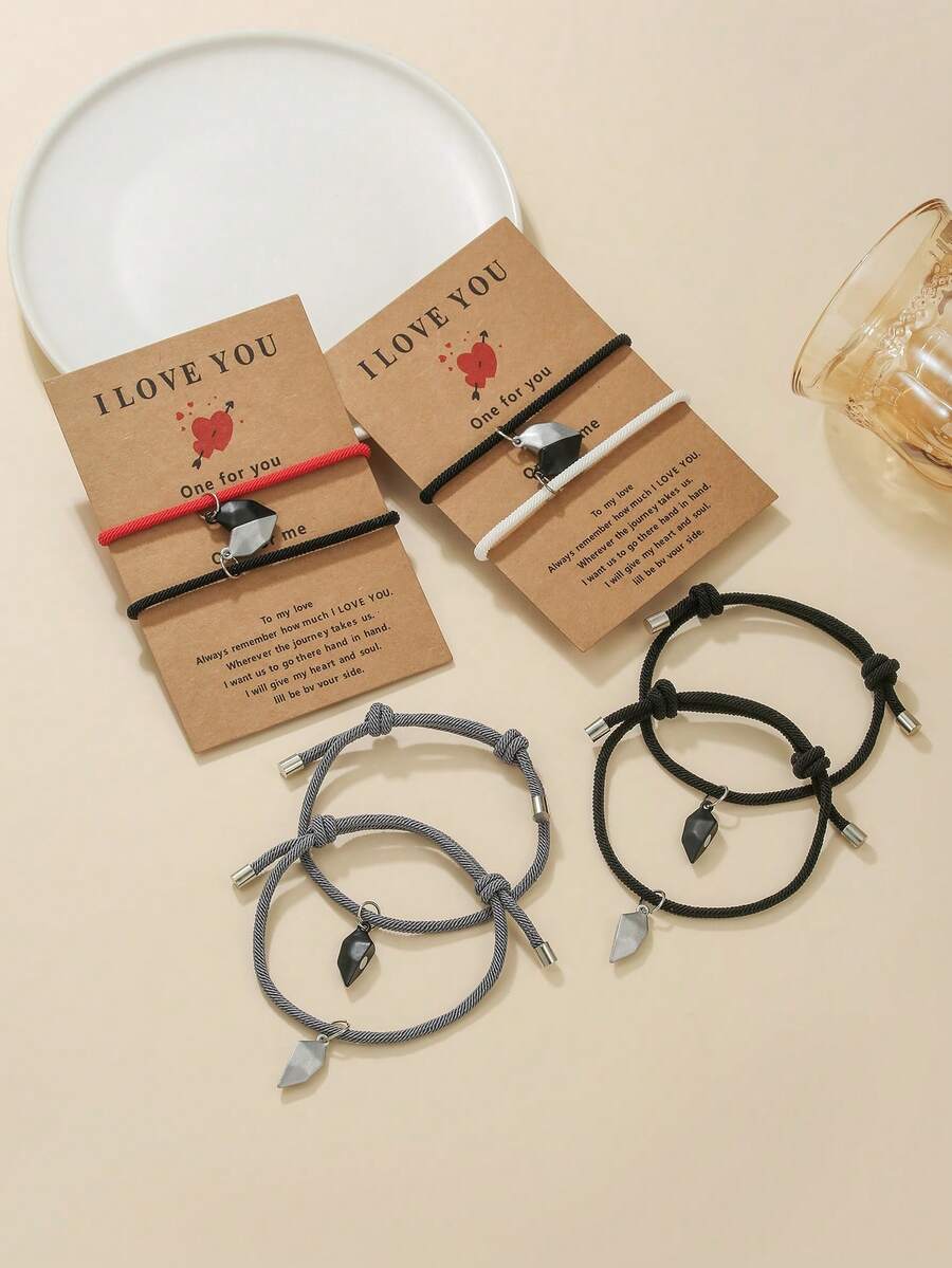 2条/套心形吊坠手链，休闲度假风涤纶手链，适合女性、情侣、日常佩戴、度假、情人节、生日等场合，可作为送给女朋友的礼物。 - 彩色 - 查看 1