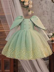 Young Girls' Square Neck Long Sleeve Foil Mesh Satin Elegant Ball Gown Dress, Suitable For Formal Dinner, Runway, Evening Party, Excluding Headband - Green - View 3