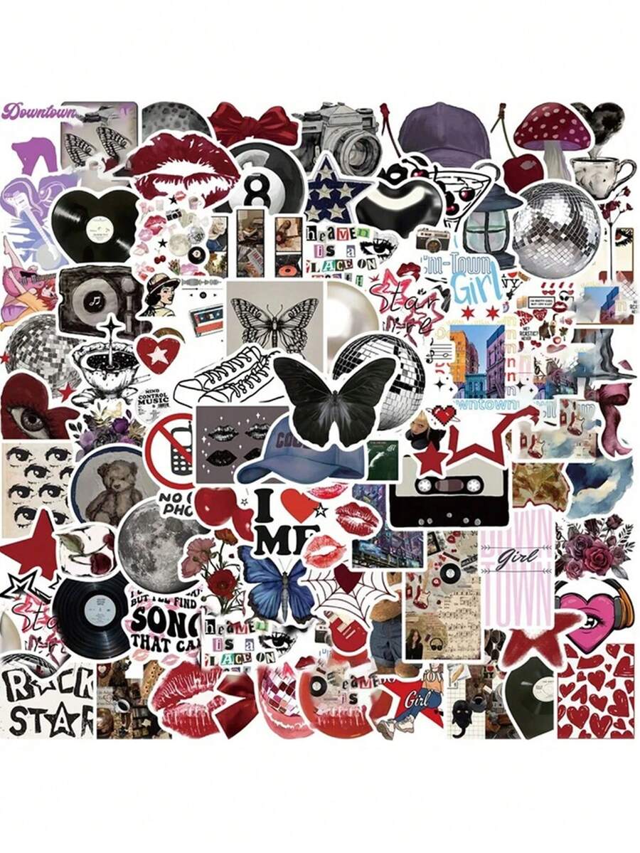 100pcs Y2K Aesthetic Dark Style Stickers, Y2K Downtown Stickers, Y2K Gifts, Retro Stickers, 90s Stickers, Waterproof Vinyl Stickers For Envelopes, Water Bottles, Computers, Laptops, Phones, Luggage, Notebooks, Fridges, Etc. - B - View 1