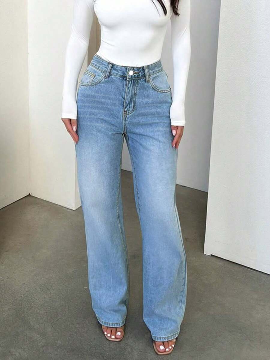 Women's Retro Minimalist Elastic Waist Loose Straight Leg Jeans Casual - Medium Wash - View 1